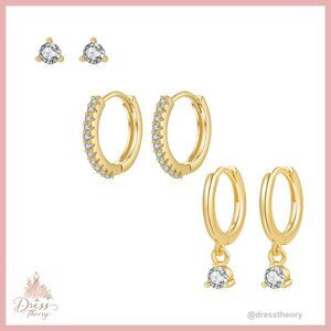 16K Gold Plated Cubic Zirconia Cartilage Stud Hoop Earrings Set